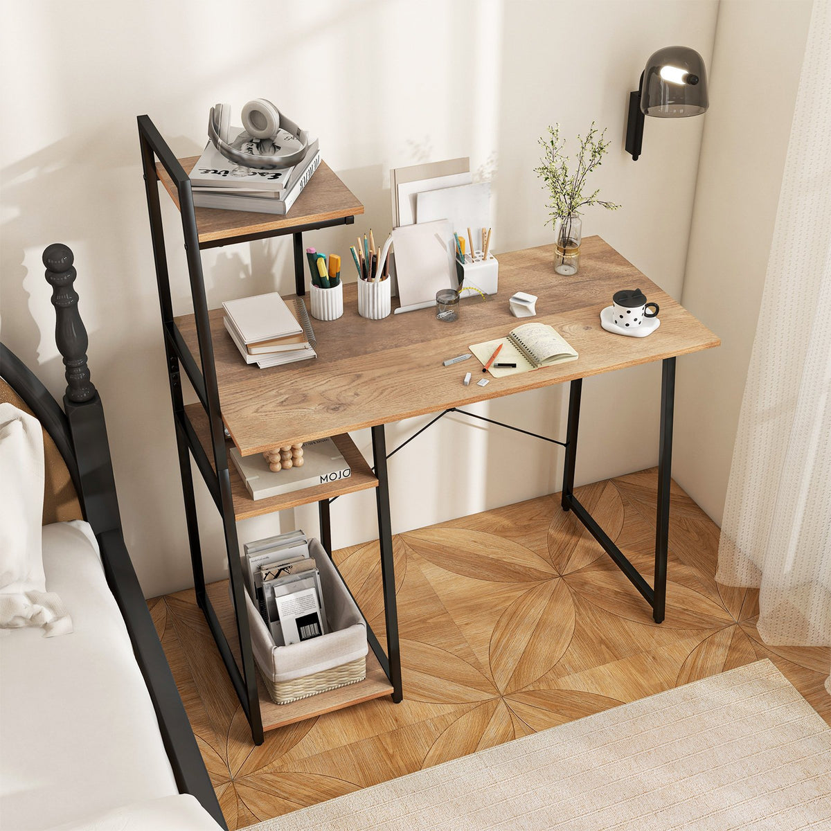 Compact Computer Desk Workstation with 4 Tier Shelves for Home and Office-Natural view 2