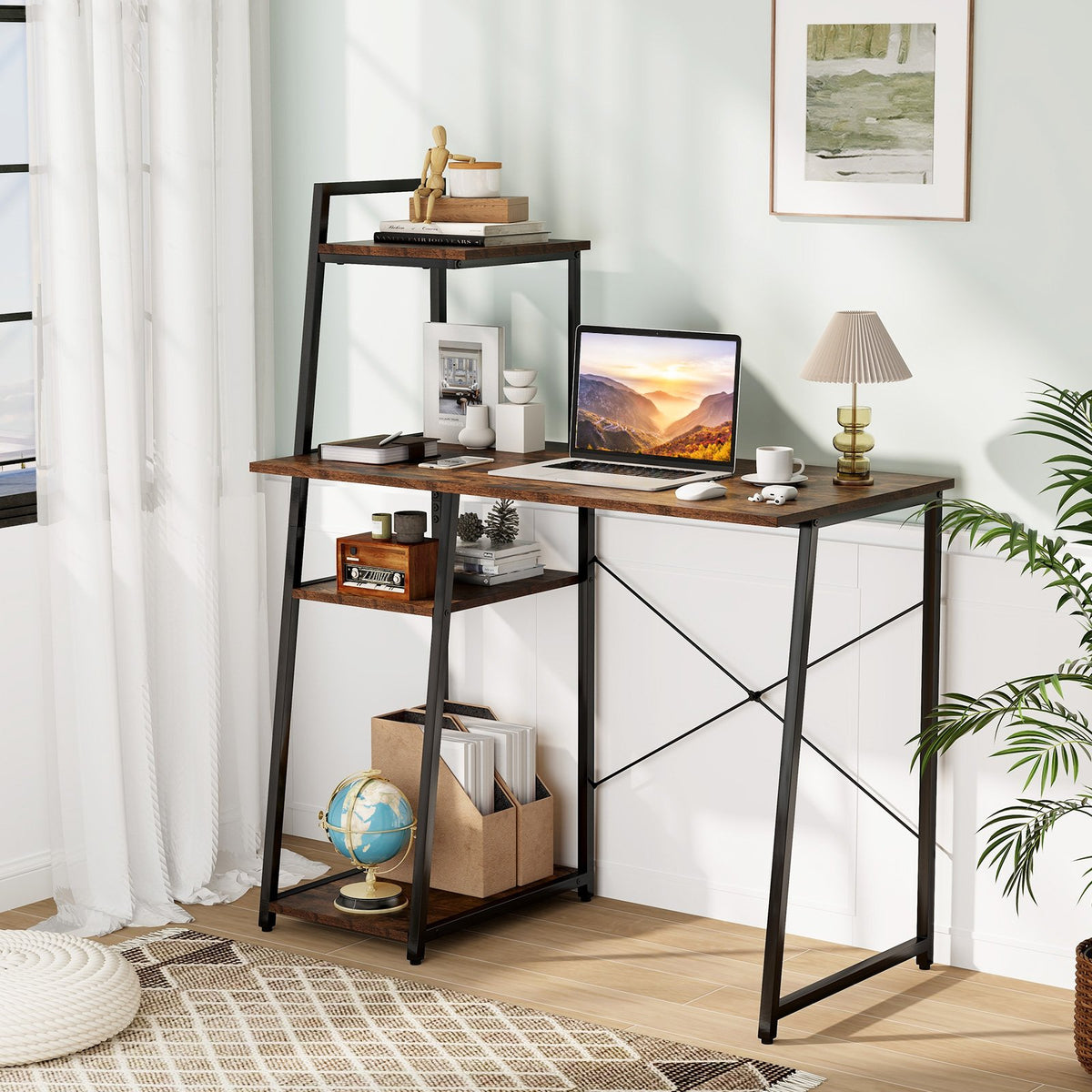 Computer Desk with Shelves and 3-Tier Storage Bookshelf-Brown view 2