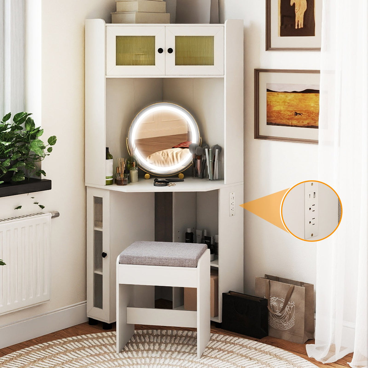 Compact Dressing Corner Vanity Desk with Mirror and Lights-White view 2