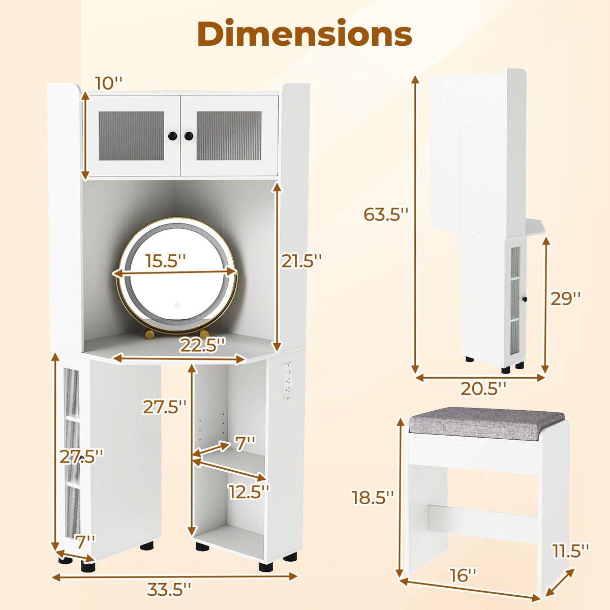 Compact Dressing Corner Vanity Desk with Mirror and Lights-White view 4