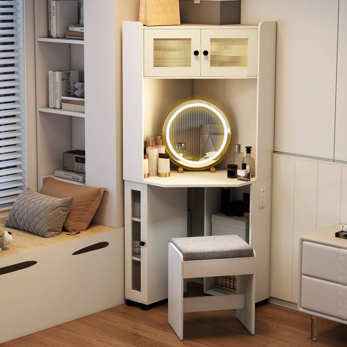 Compact Dressing Corner Vanity Desk with Mirror and Lights-White view 5