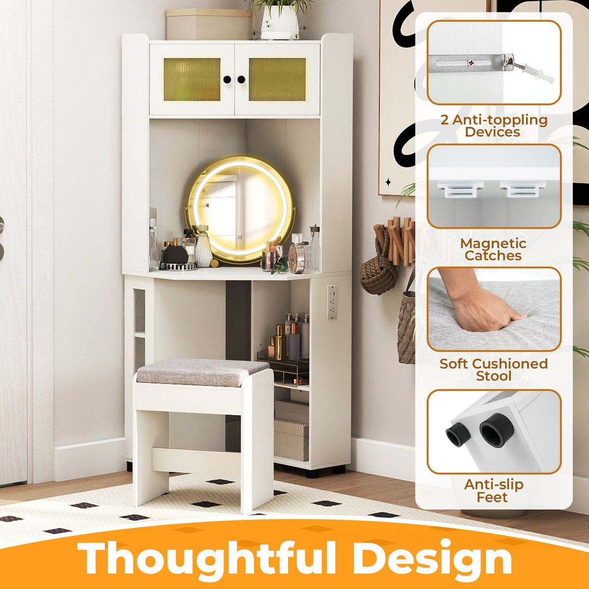 Compact Dressing Corner Vanity Desk with Mirror and Lights-White view 6