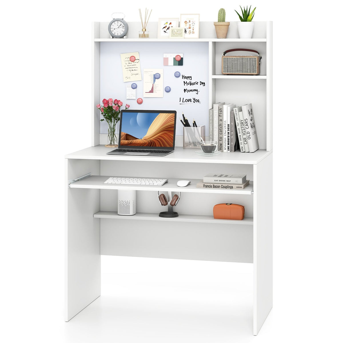 Compact Office Computer Desk with Hutch Magnetic Whiteboard-White view 4
