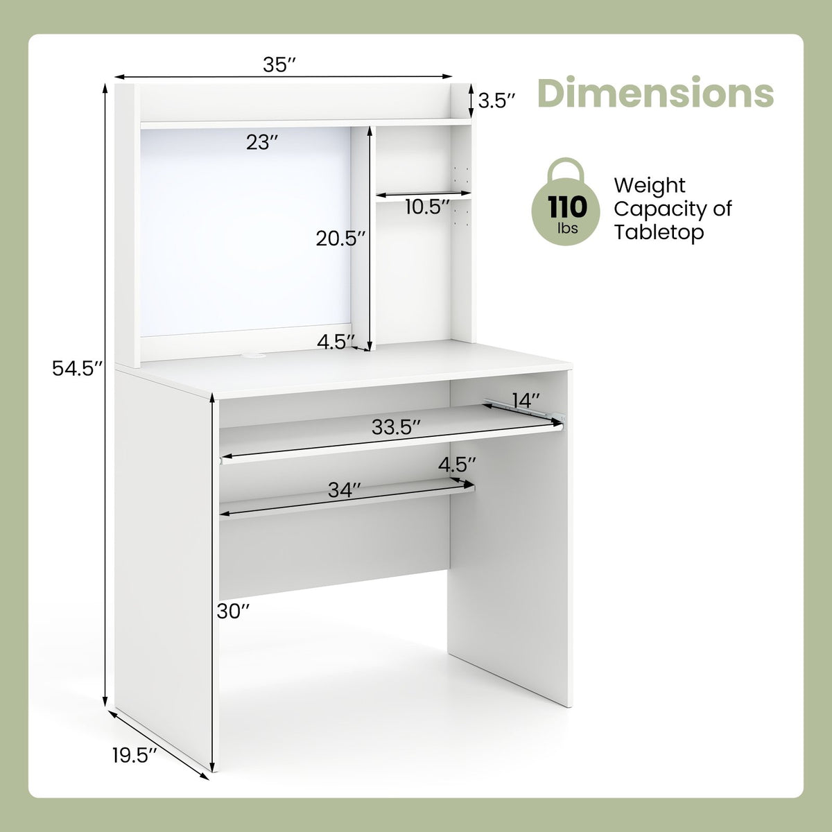 Compact Office Computer Desk with Hutch Magnetic Whiteboard-White view 5