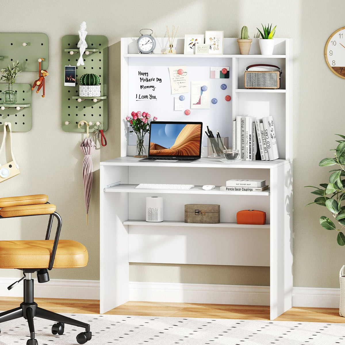Compact Office Computer Desk with Hutch Magnetic Whiteboard-White view 6