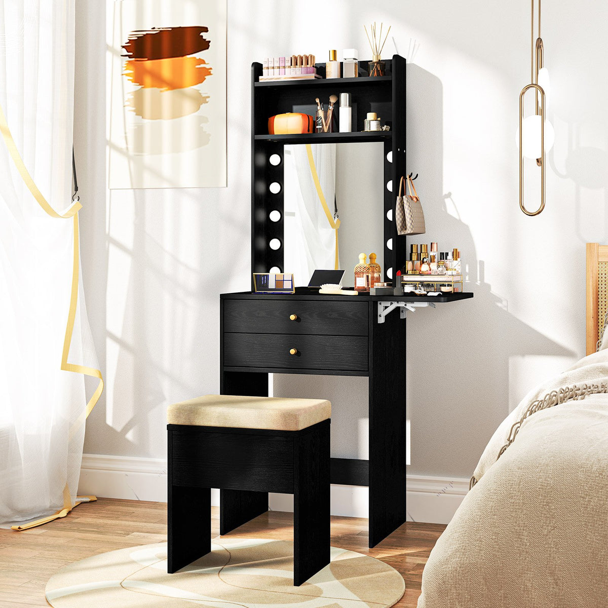 Compact Vanity Desk Set with 3-Color Lighted Mirror and Power Outlets-Black view 2