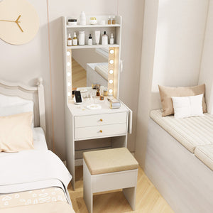 Compact Vanity Desk Set with 3-Color Lighted Mirror and Power Outlets-White view 3