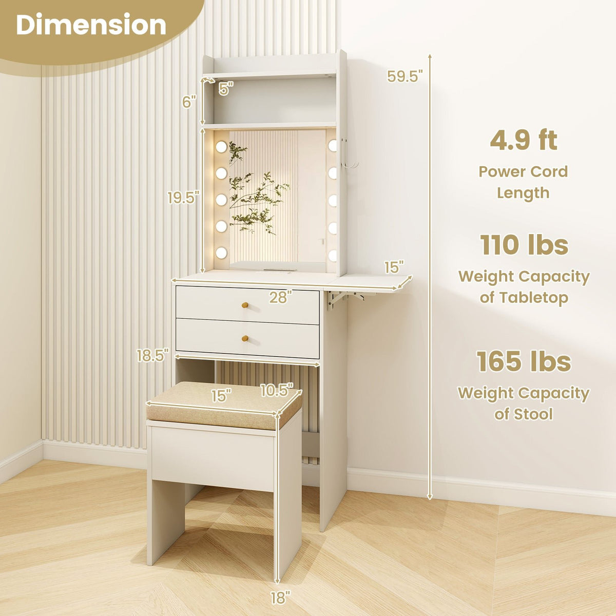 Compact Vanity Desk Set with 3-Color Lighted Mirror and Power Outlets-White view 5