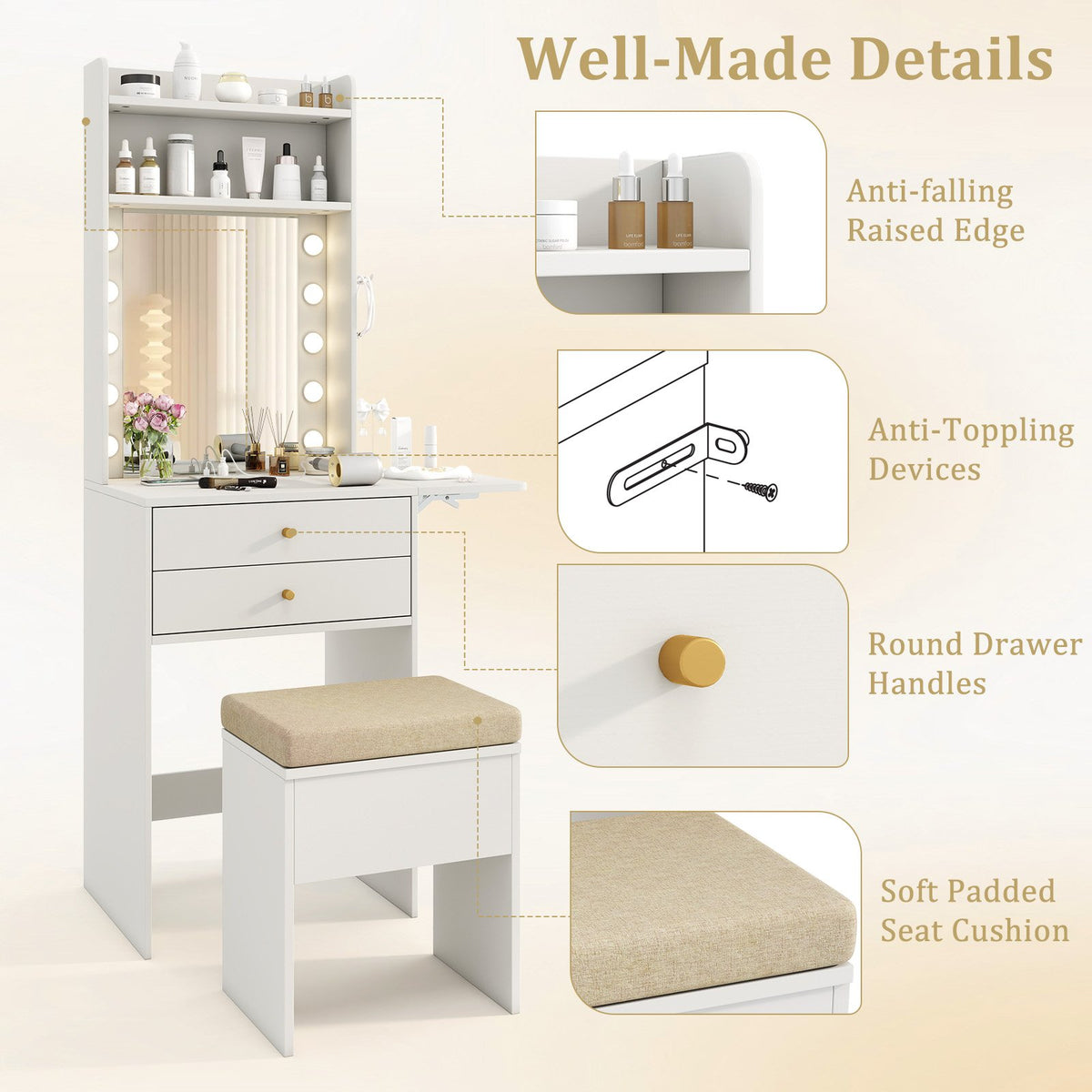 Compact Vanity Desk Set with 3-Color Lighted Mirror and Power Outlets-White view 7