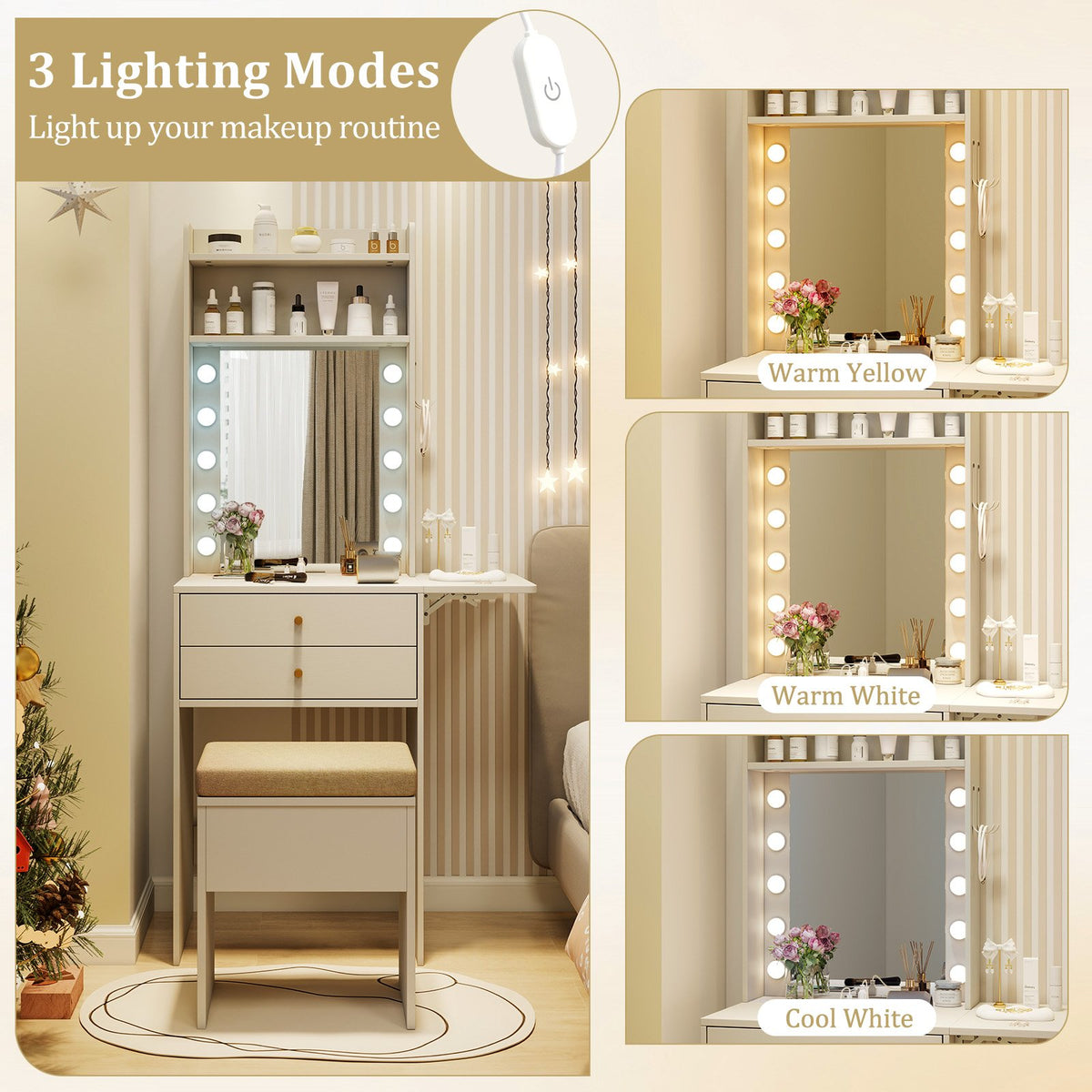 Compact Vanity Desk Set with 3-Color Lighted Mirror and Power Outlets-White view 8