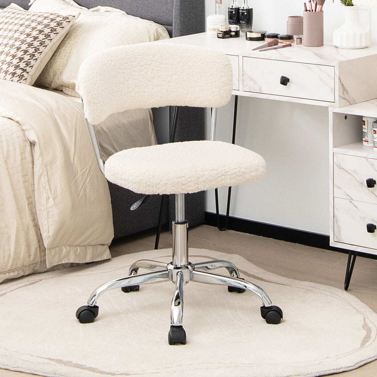 Computer Desk Chair Adjustable Sherpa Office Chair Swivel Vanity Chair-White view 2