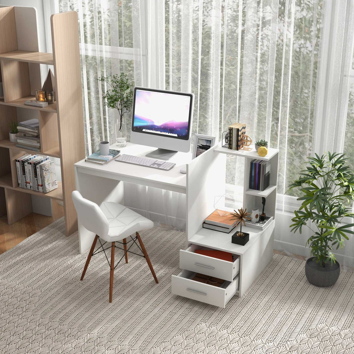 Computer Desk Home Office with Bookshelf and Drawers-White view 2