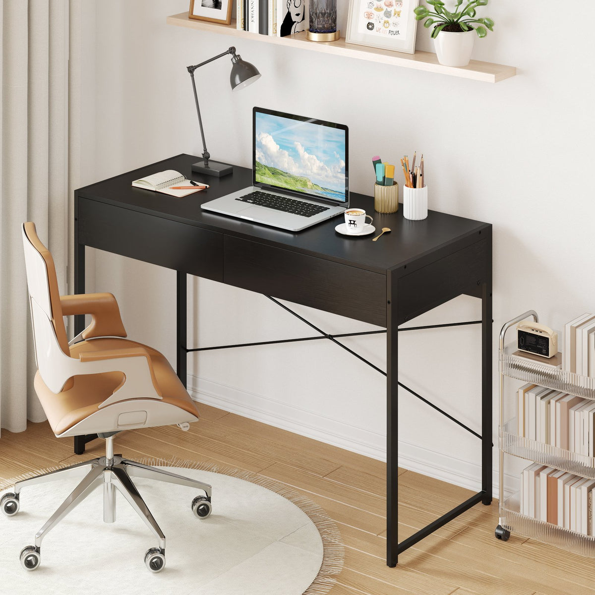Computer Desk with 2 Drawers 44 Inch Home Office Desk with Metal Frame-Black view 2