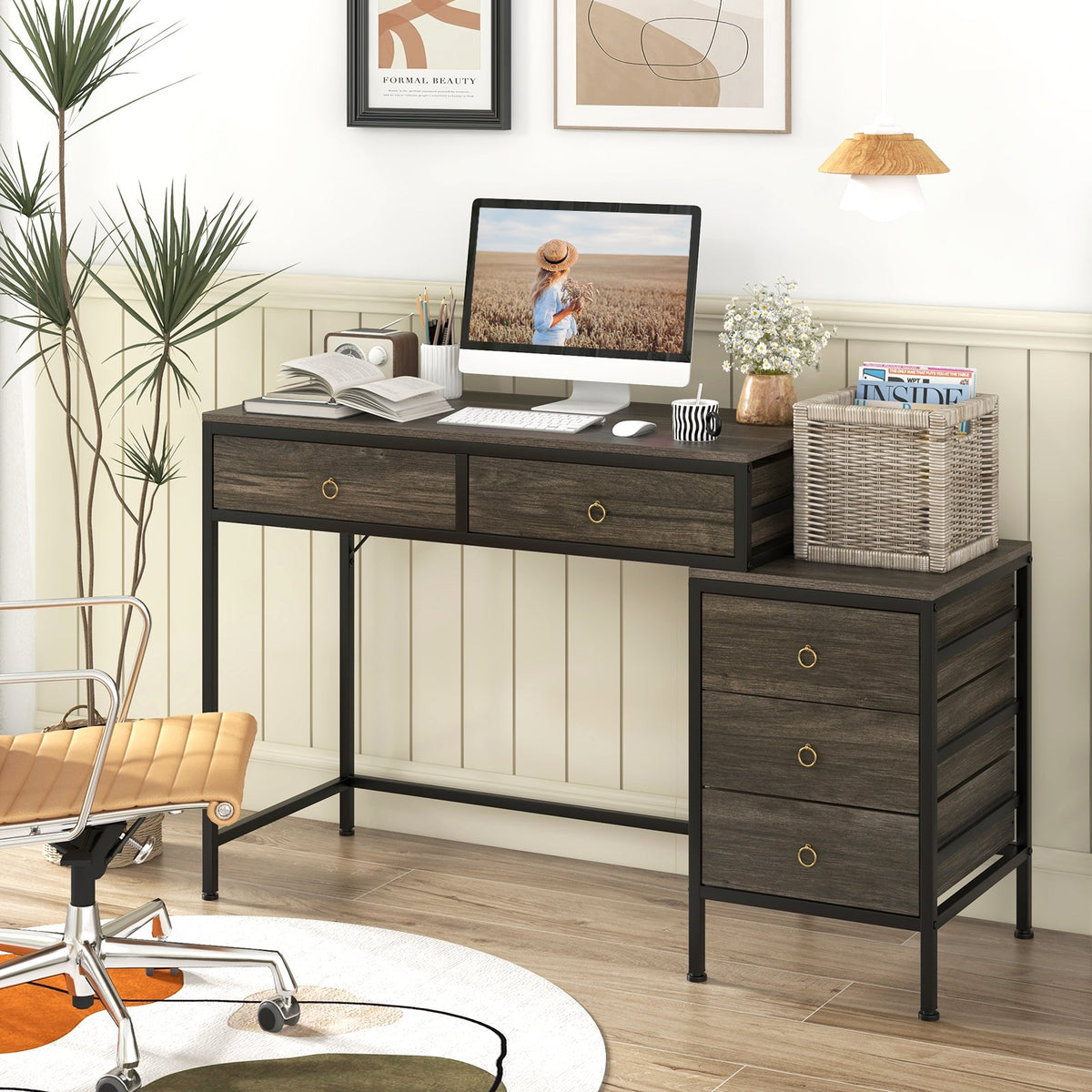 Computer Desk with 5 Drawers Home Office Desk with Side File Cabinet-Grey view 2