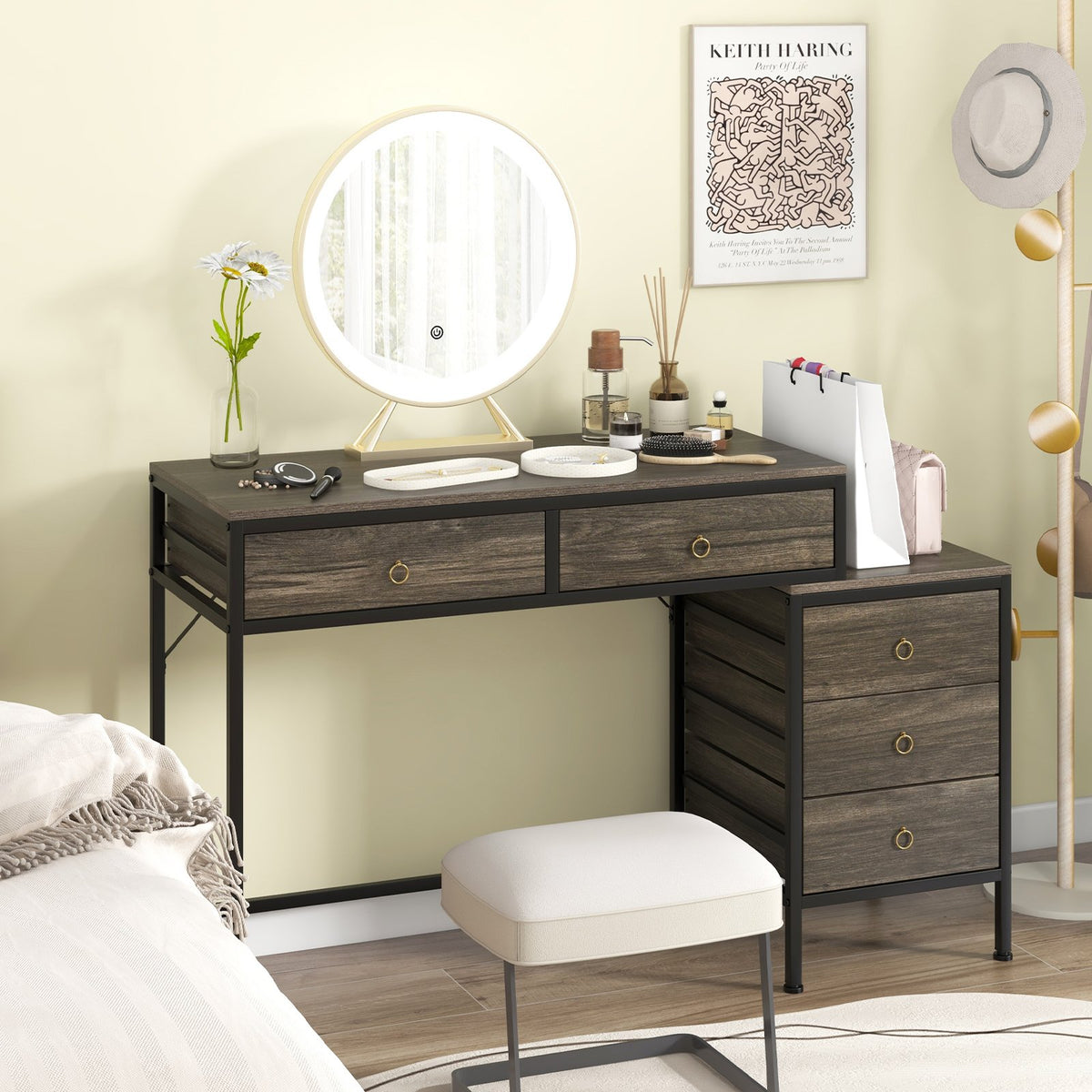 Computer Desk with 5 Drawers Home Office Desk with Side File Cabinet-Grey view 3