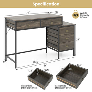 Computer Desk with 5 Drawers Home Office Desk with Side File Cabinet-Grey view 5