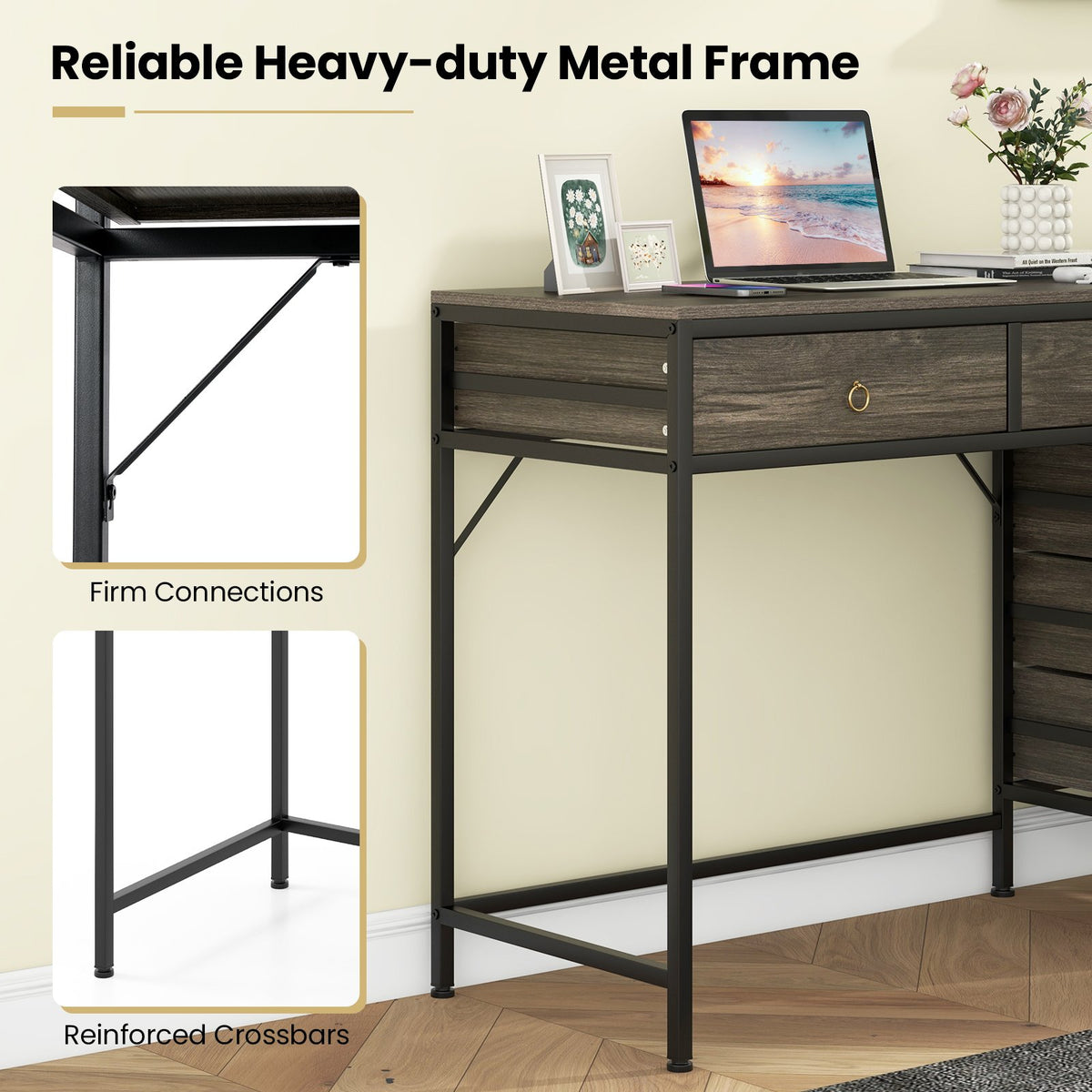 Computer Desk with 5 Drawers Home Office Desk with Side File Cabinet-Grey view 7