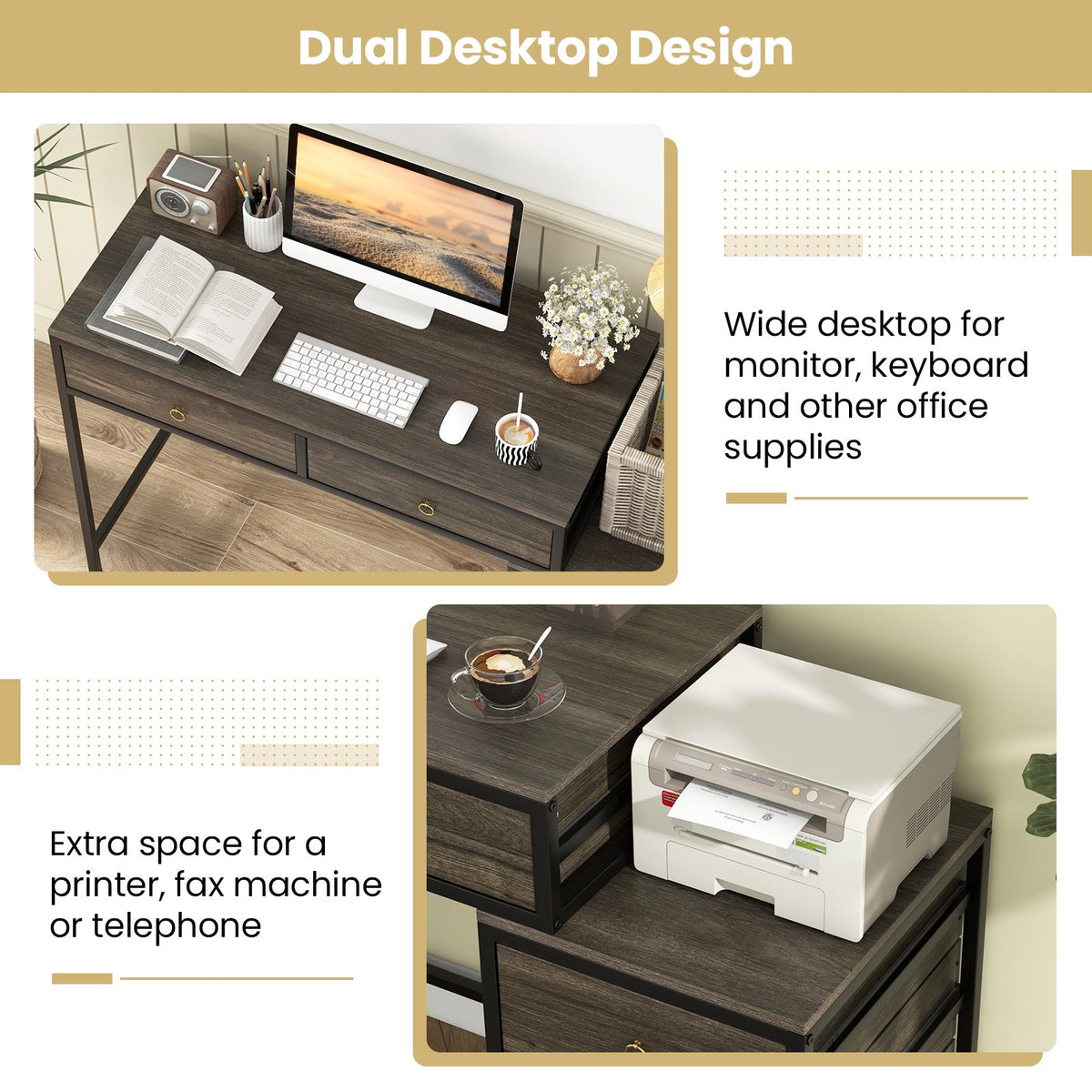 Computer Desk with 5 Drawers Home Office Desk with Side File Cabinet-Grey view 8
