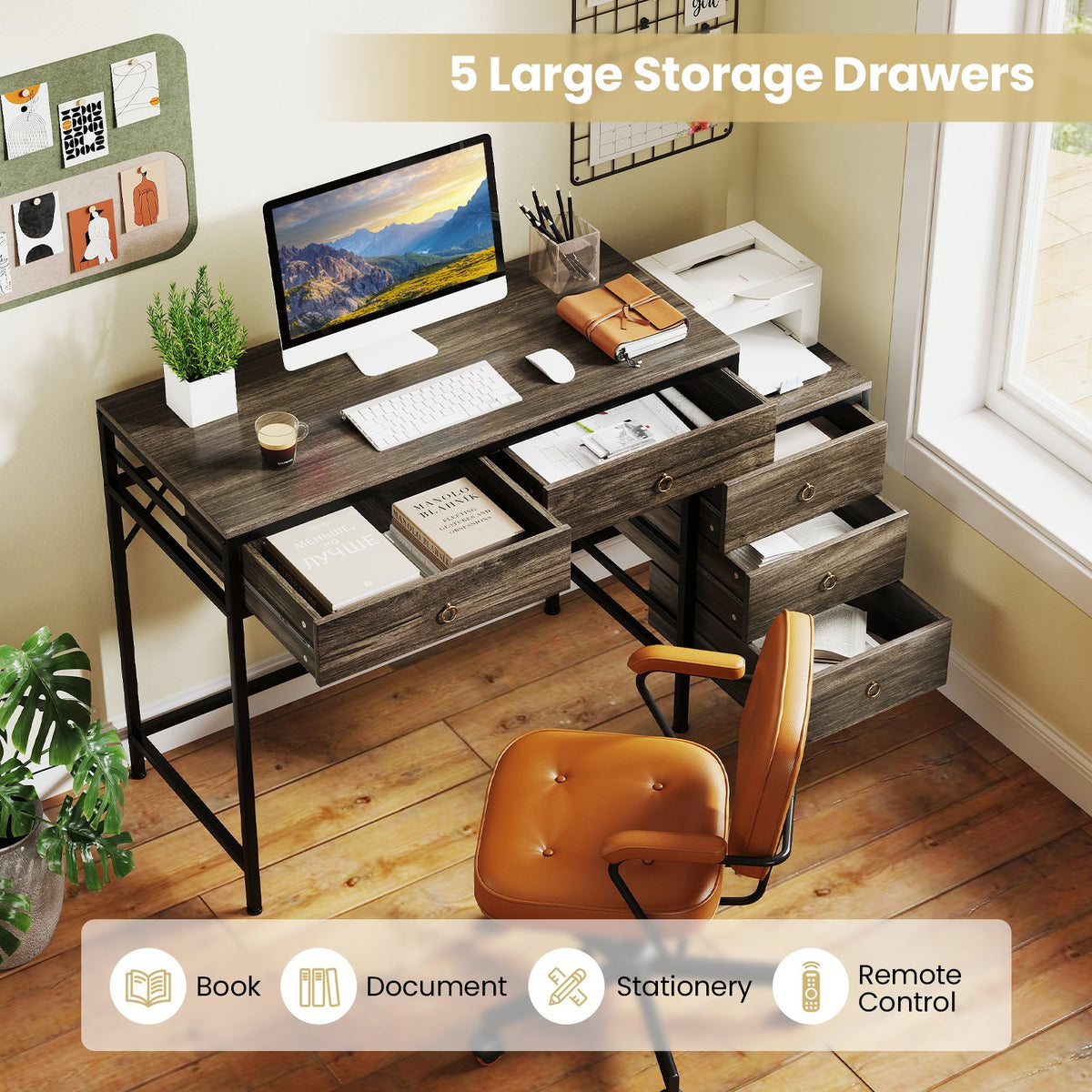 Computer Desk with 5 Drawers Home Office Desk with Side File Cabinet-Grey view 9