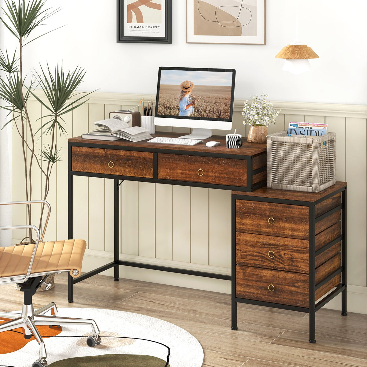 Computer Desk with 5 Drawers Home Office Desk with Side File Cabinet-Rustic Brown view 2