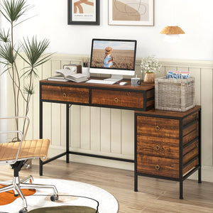 Computer Desk with 5 Drawers Home Office Desk with Side File Cabinet-Rustic Brown view 2