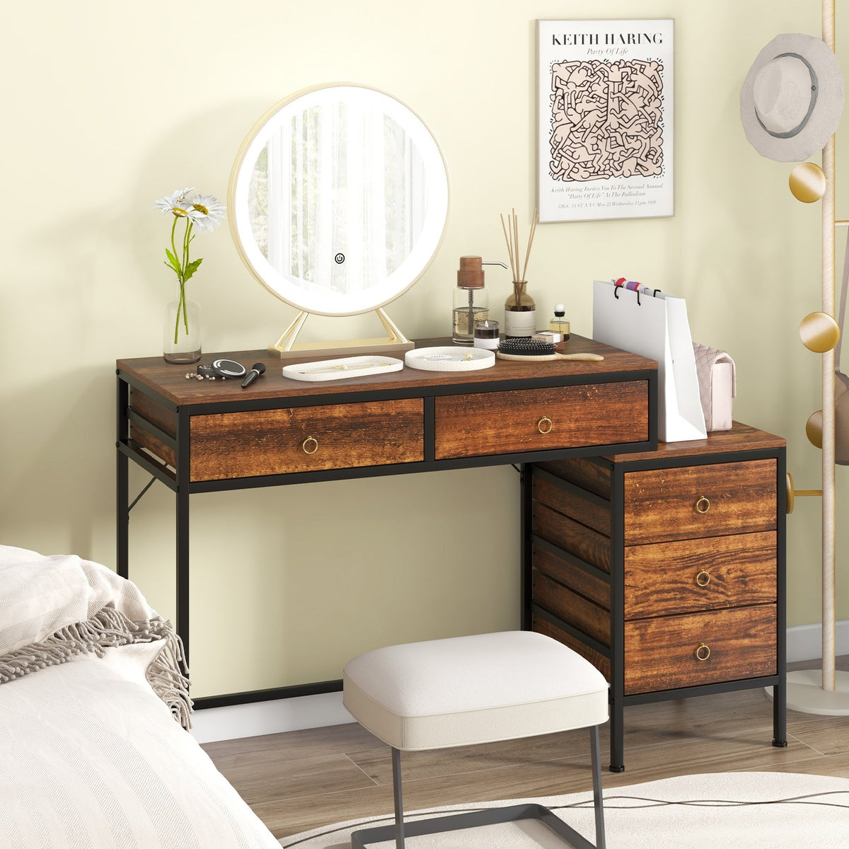 Computer Desk with 5 Drawers Home Office Desk with Side File Cabinet-Rustic Brown view 3