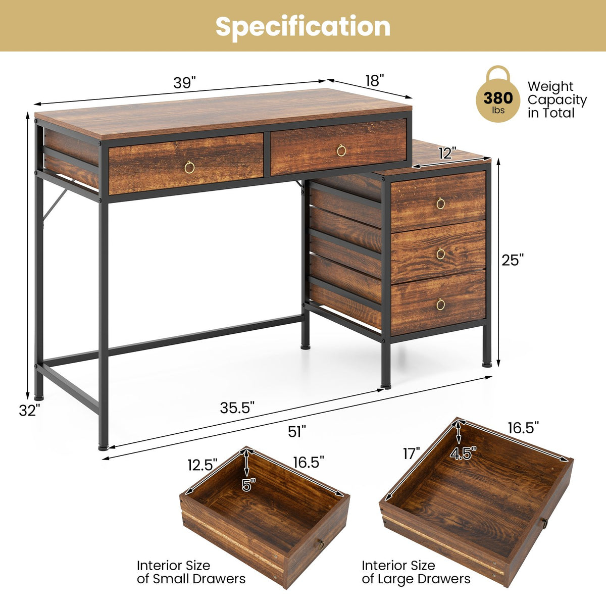 Computer Desk with 5 Drawers Home Office Desk with Side File Cabinet-Rustic Brown view 5