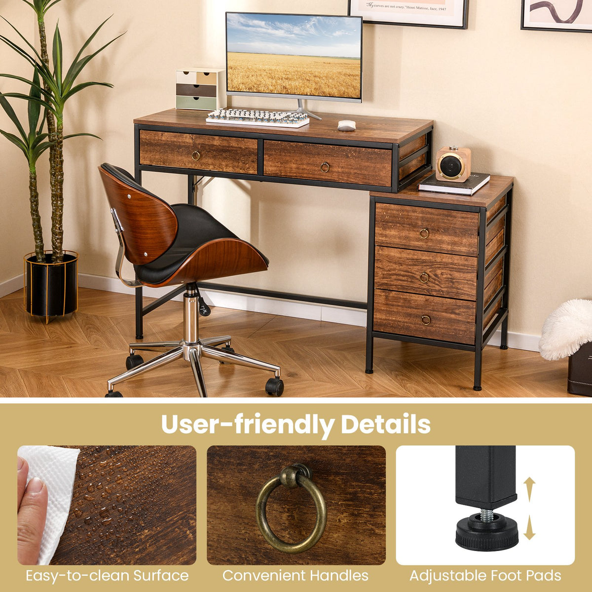 Computer Desk with 5 Drawers Home Office Desk with Side File Cabinet-Rustic Brown view 6