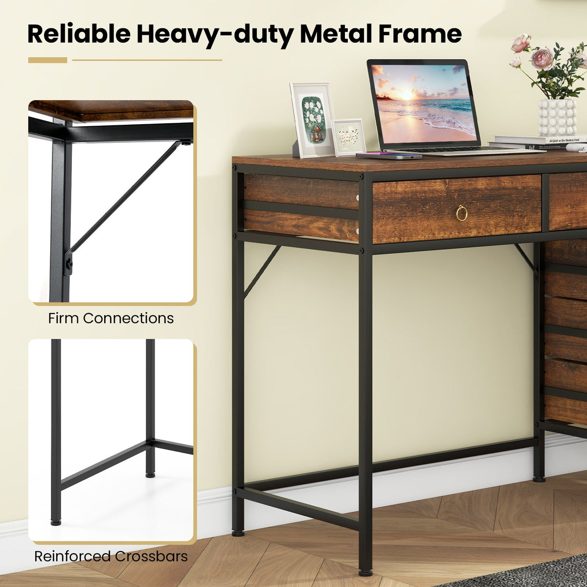 Computer Desk with 5 Drawers Home Office Desk with Side File Cabinet-Rustic Brown view 7