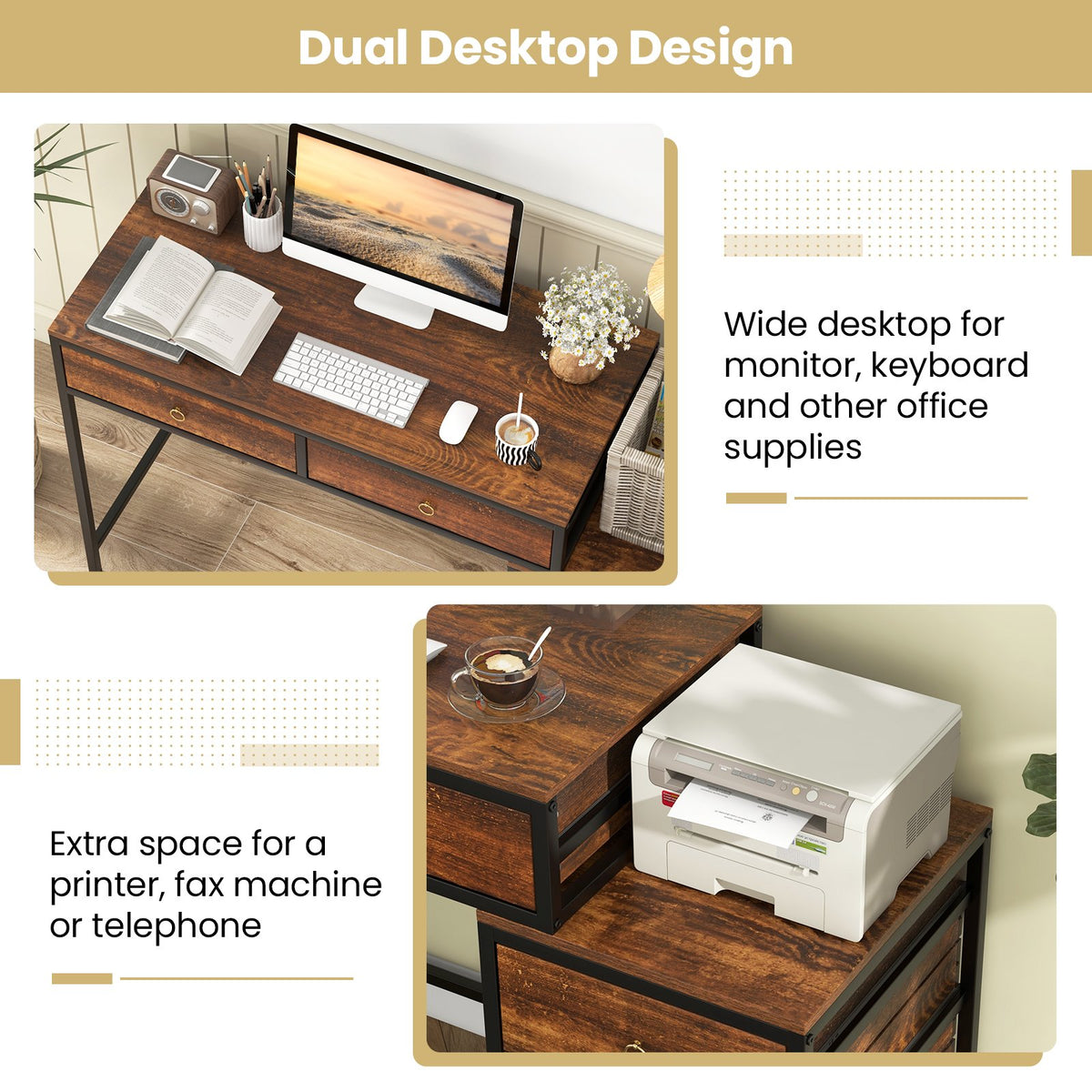 Computer Desk with 5 Drawers Home Office Desk with Side File Cabinet-Rustic Brown view 8