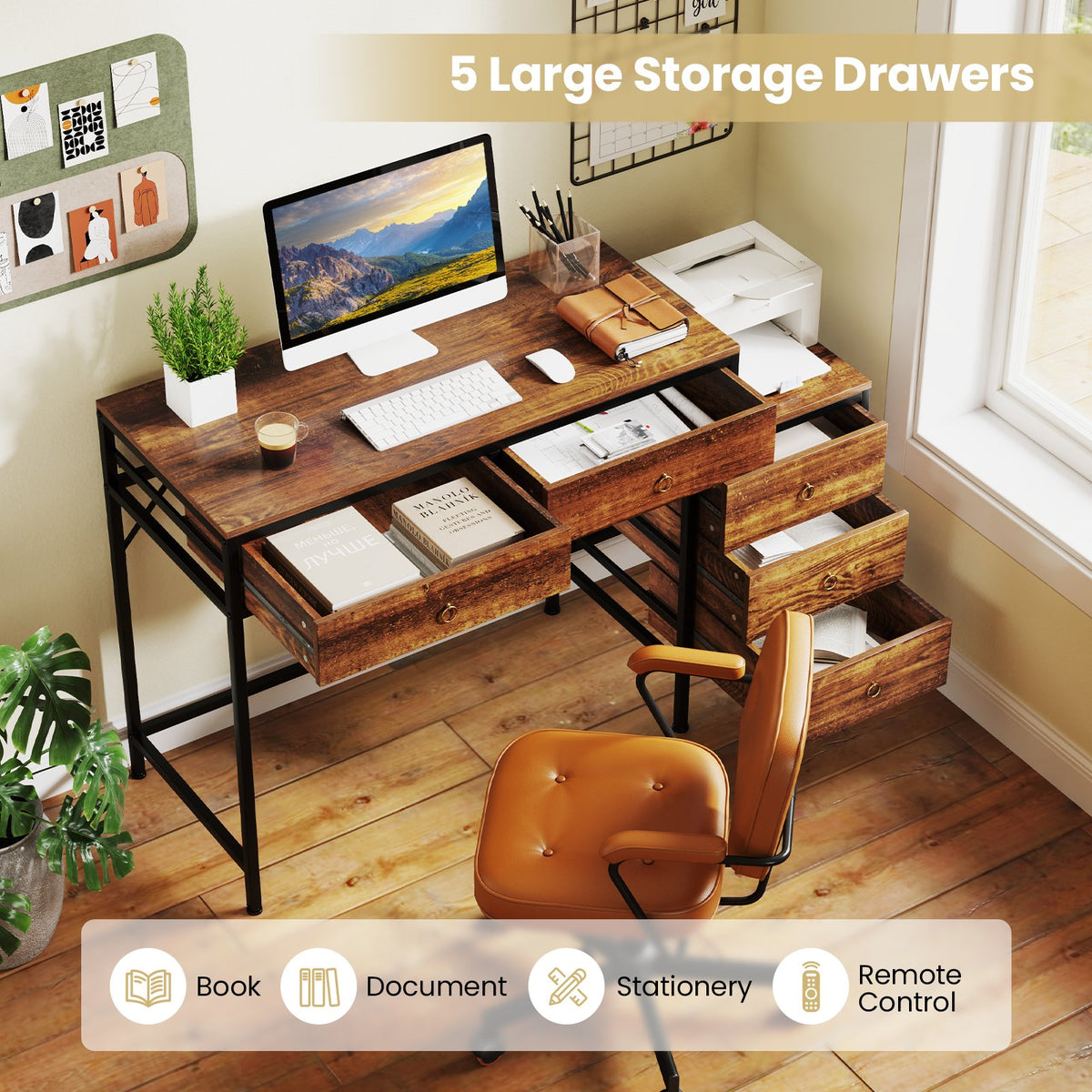 Computer Desk with 5 Drawers Home Office Desk with Side File Cabinet-Rustic Brown view 9