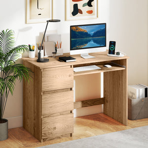 Computer Desk with Power Outlet Keyboard Tray and 3 Large Drawers-Natural view 2