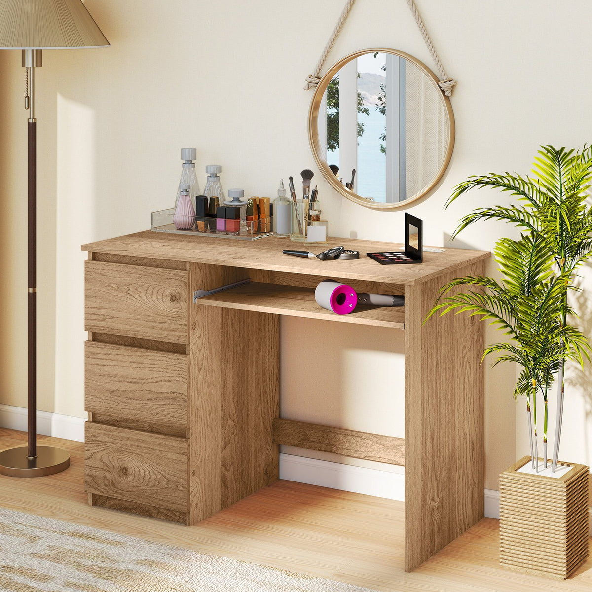 Computer Desk with Power Outlet Keyboard Tray and 3 Large Drawers-Natural view 3