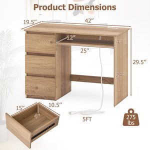 Computer Desk with Power Outlet Keyboard Tray and 3 Large Drawers-Natural view 5
