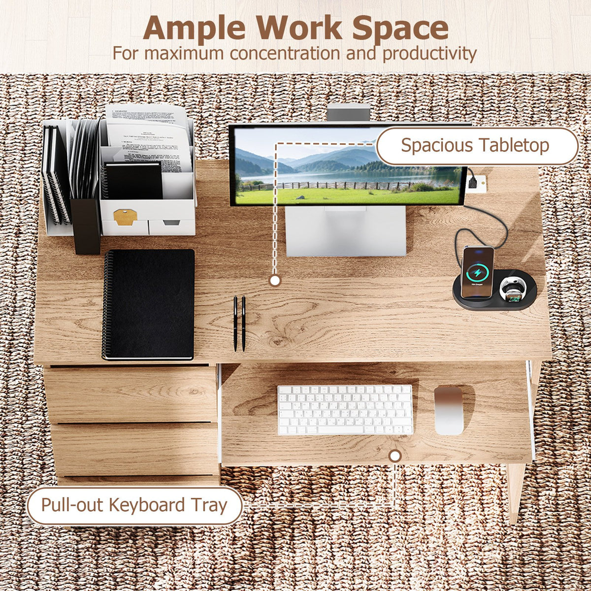 Computer Desk with Power Outlet Keyboard Tray and 3 Large Drawers-Natural view 7