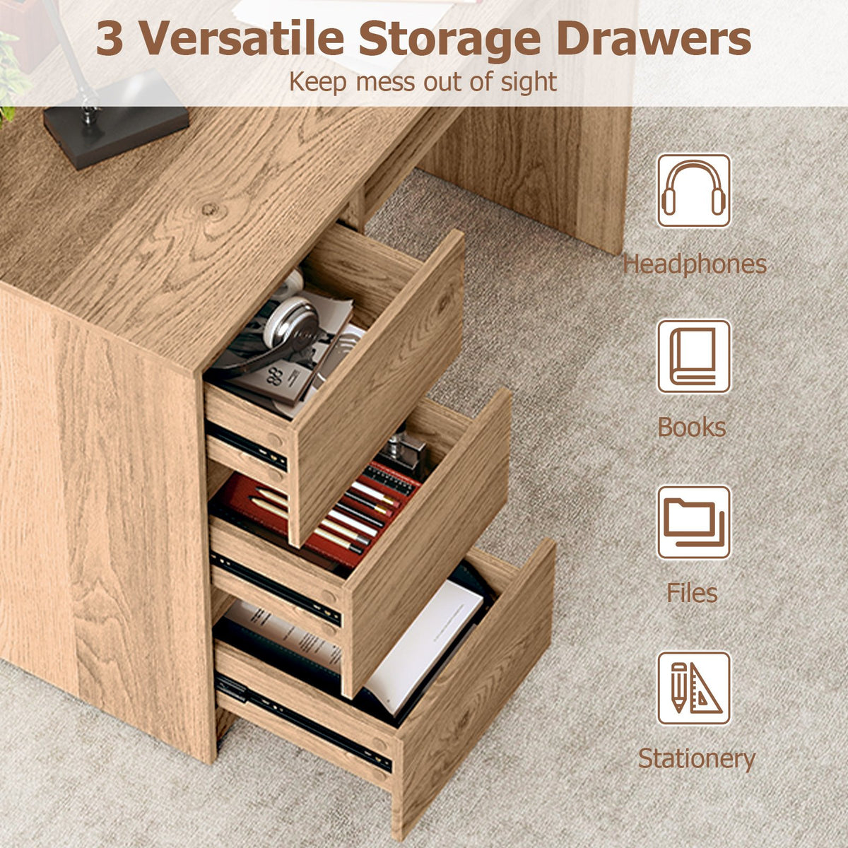 Computer Desk with Power Outlet Keyboard Tray and 3 Large Drawers-Natural view 9