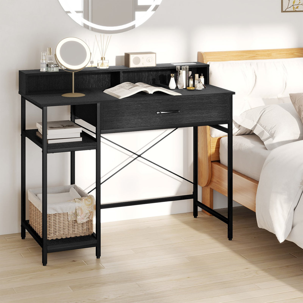 Computer Desk with Power Outlets 42inch Writing Desk with Hutch Drawer and 2 Open Shelves-Black view 2
