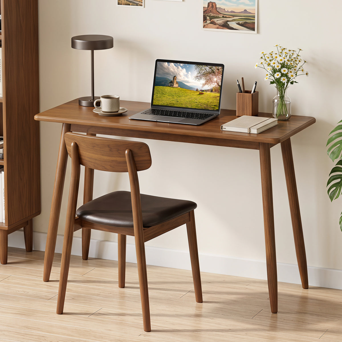 Computer Desk with Rubber Wood Legs Wooden Writing Desk with Spacious Tabletop-Walnut view 2