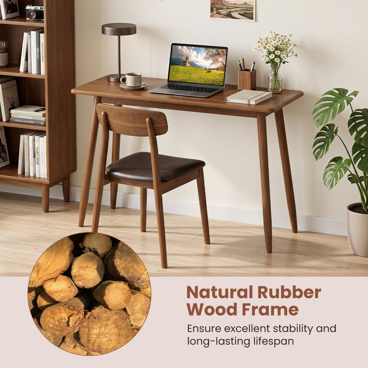 Computer Desk with Rubber Wood Legs Wooden Writing Desk with Spacious Tabletop-Walnut view 8