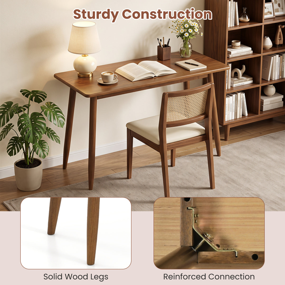 Computer Desk with Rubber Wood Legs Wooden Writing Desk with Spacious Tabletop-Walnut view 9