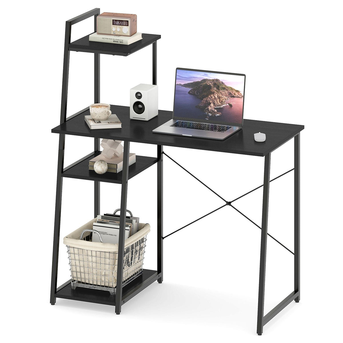 Computer Desk with Shelves and 3-Tier Storage Bookshelf-Black