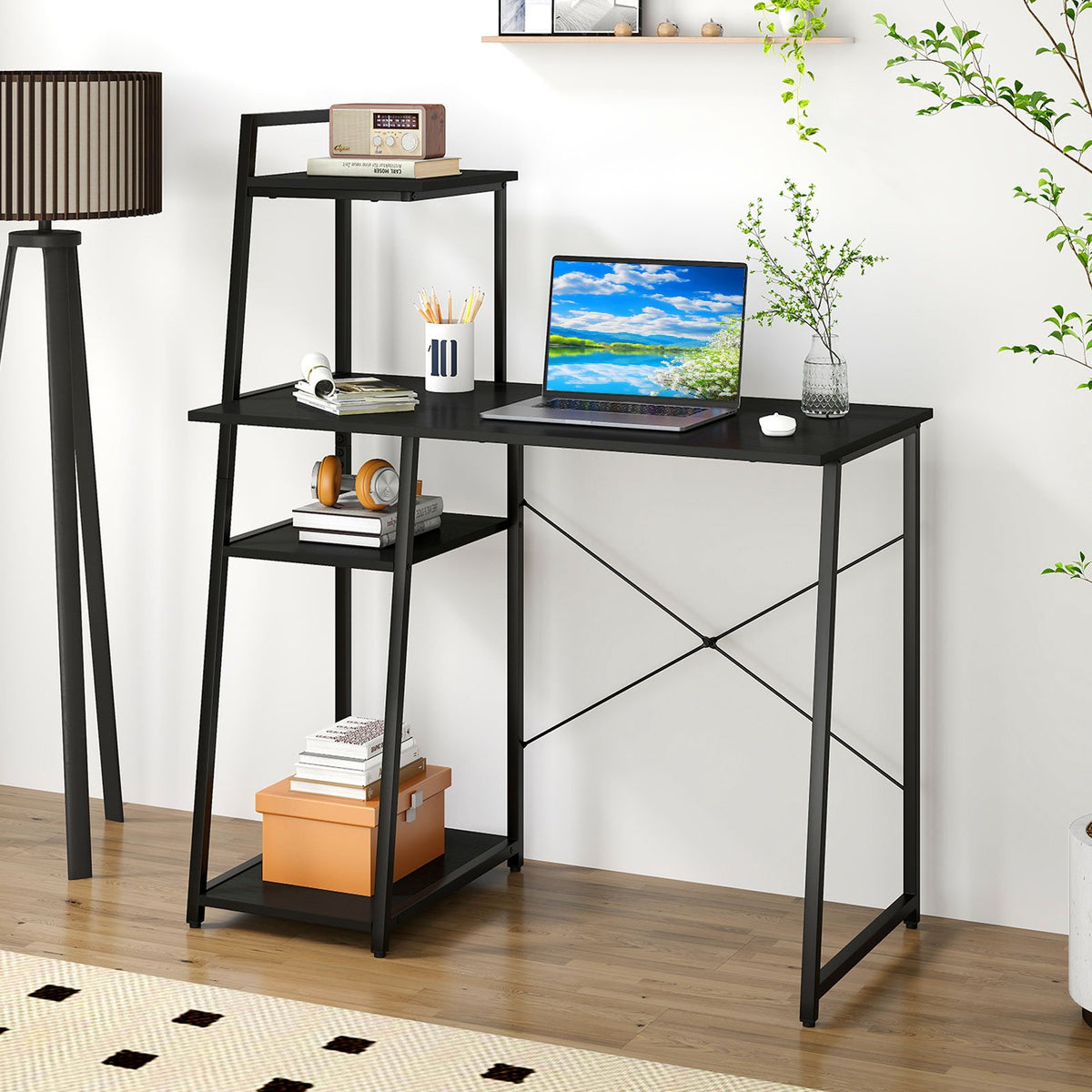Computer Desk with Shelves and 3-Tier Storage Bookshelf-Black view 3