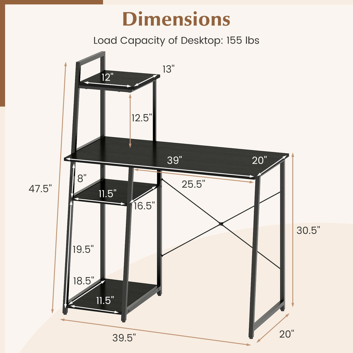 Computer Desk with Shelves and 3-Tier Storage Bookshelf-Black view 5