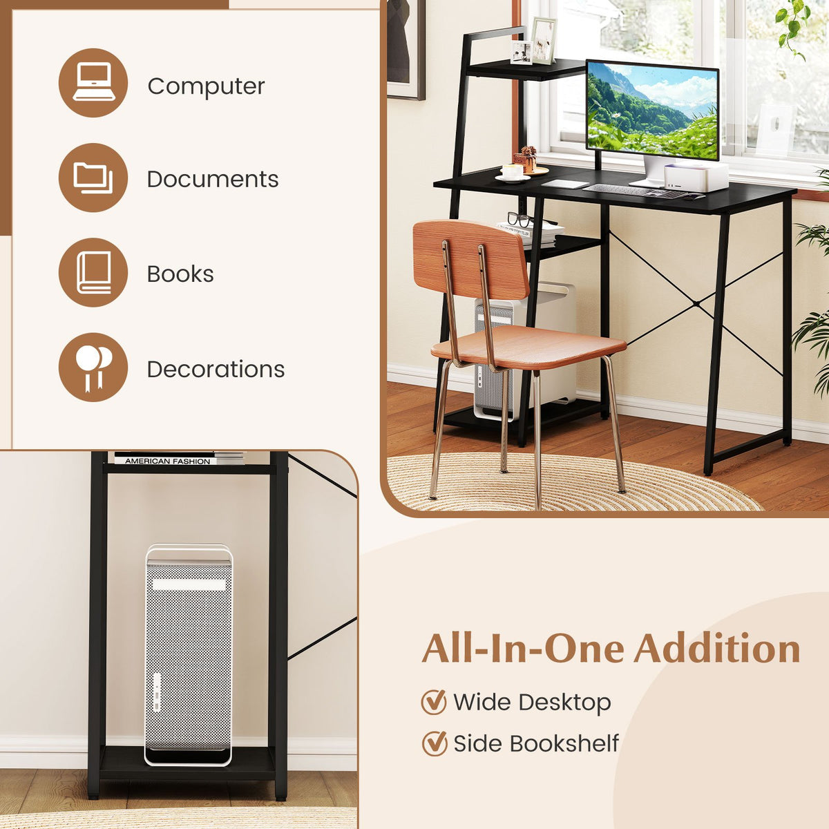 Computer Desk with Shelves and 3-Tier Storage Bookshelf-Black view 8