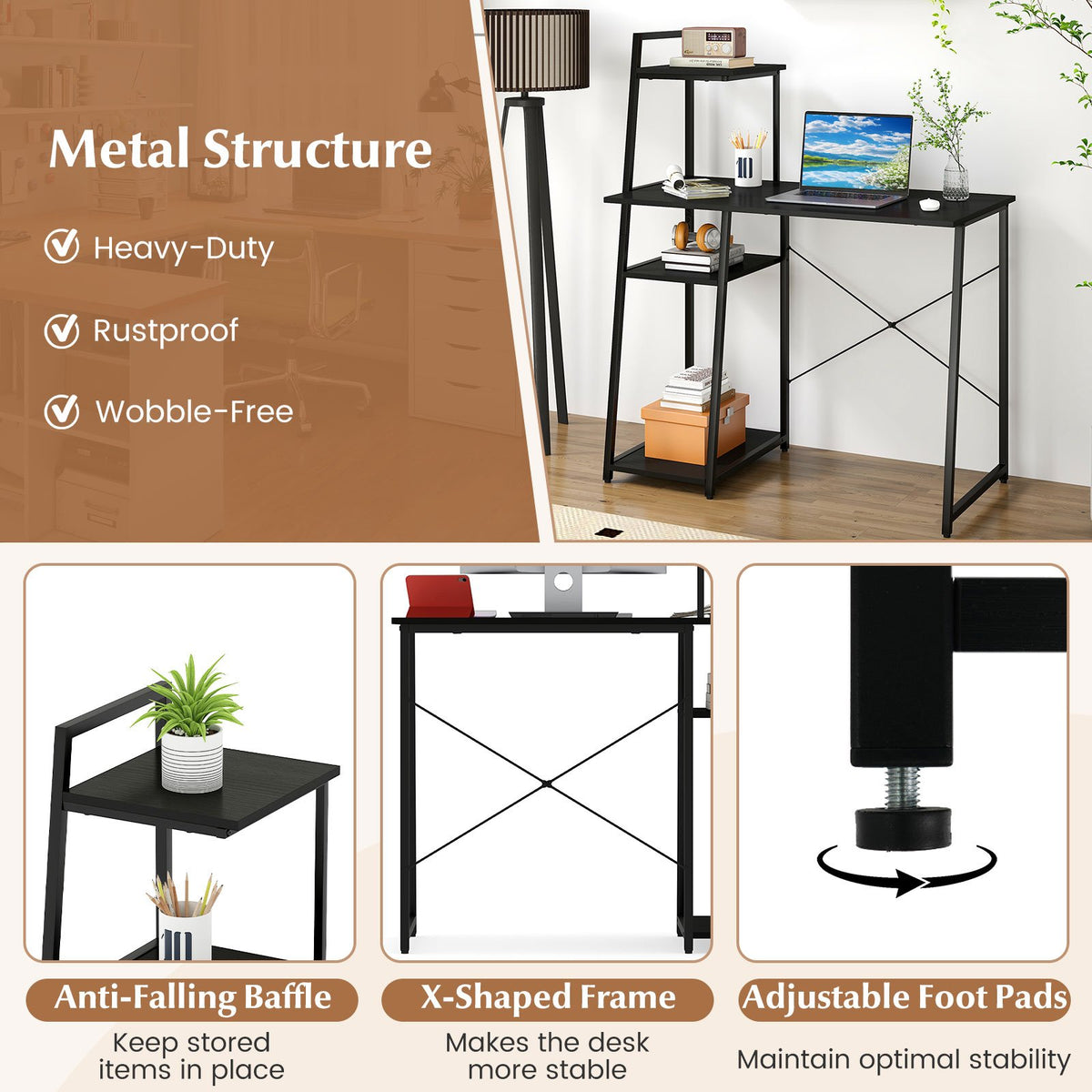 Computer Desk with Shelves and 3-Tier Storage Bookshelf-Black view 9