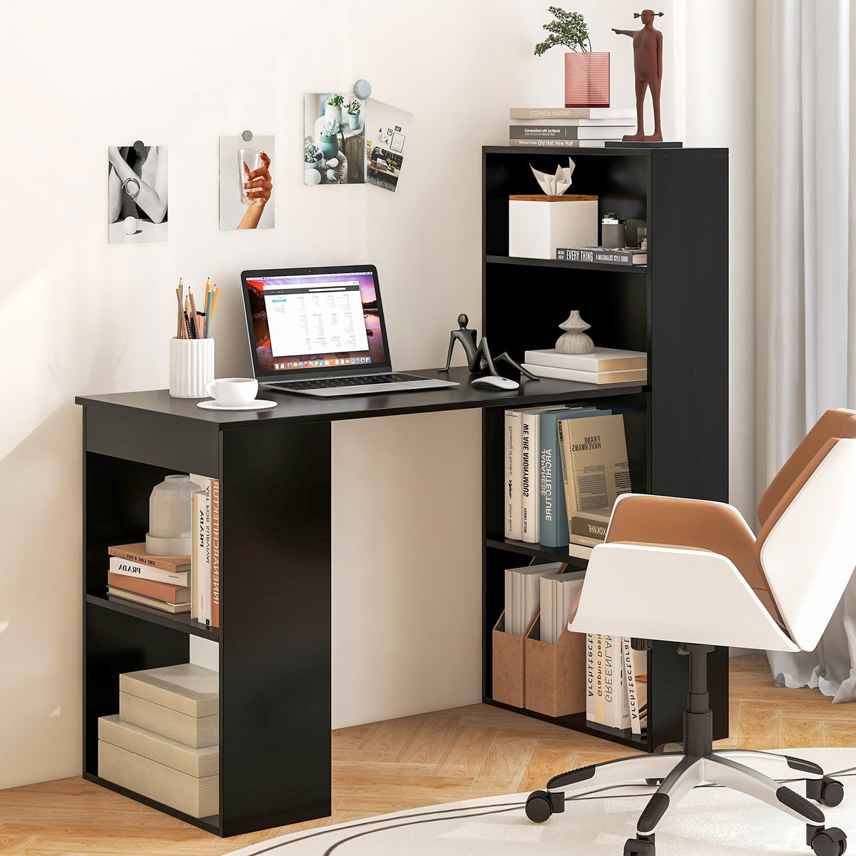 Computer Desk Writing Workstation Office with 6-Tier Storage Shelves-Black view 2