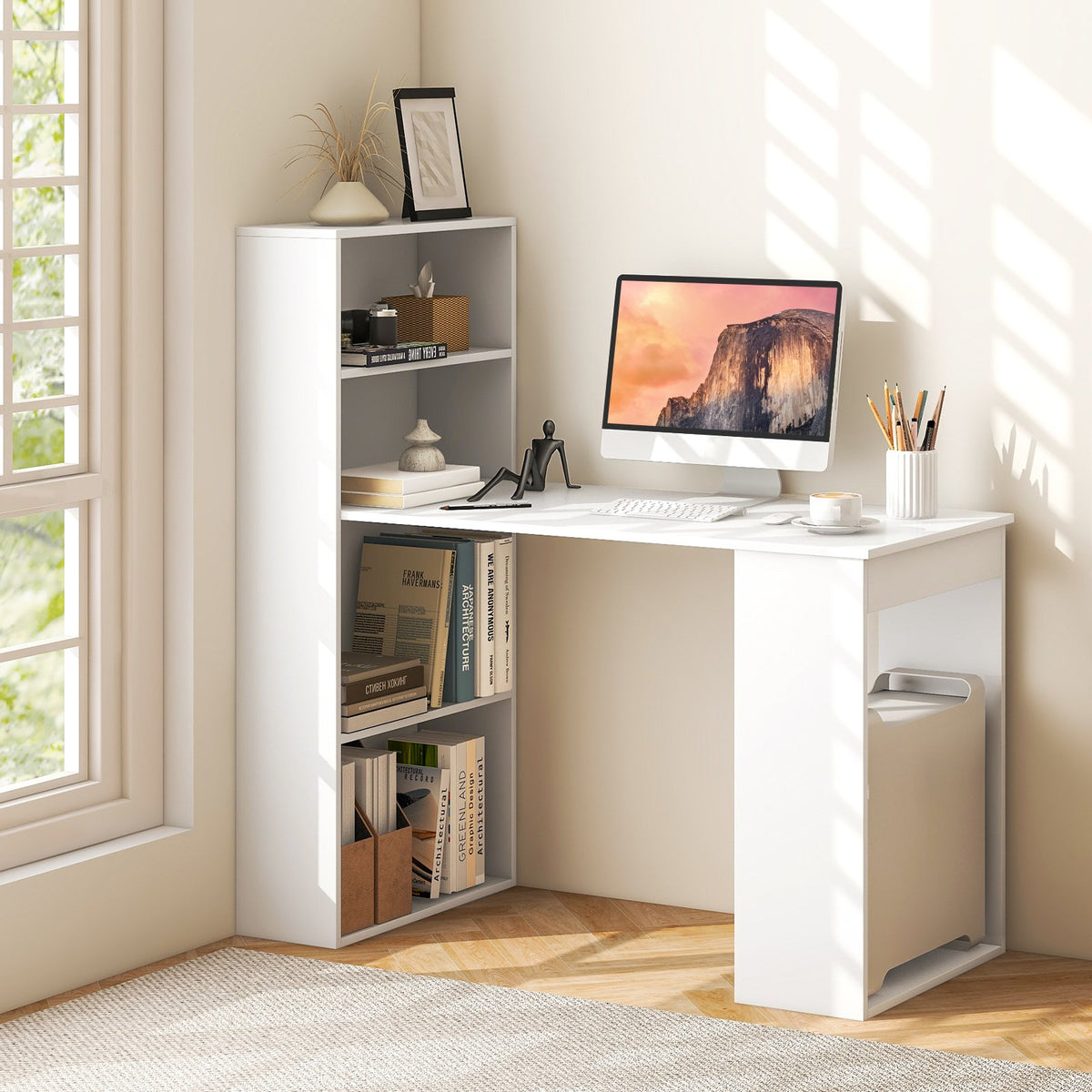 Computer Desk Writing Workstation Office with 6-Tier Storage Shelves-White view 2