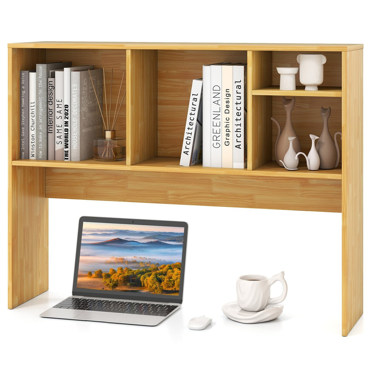 Computer Desktop Bookcase with 4 Cubbies and Open Back Compartment-Beige