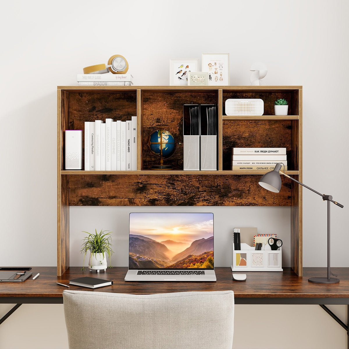 Computer Desktop Bookcase with 4 Cubbies and Open Back Compartment-Coffee view 2