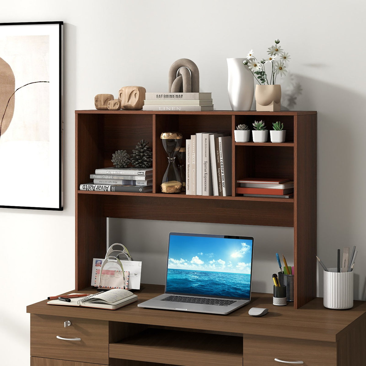 Computer Desktop Bookcase with 4 Cubbies and Open Back Compartment-Walnut view 2